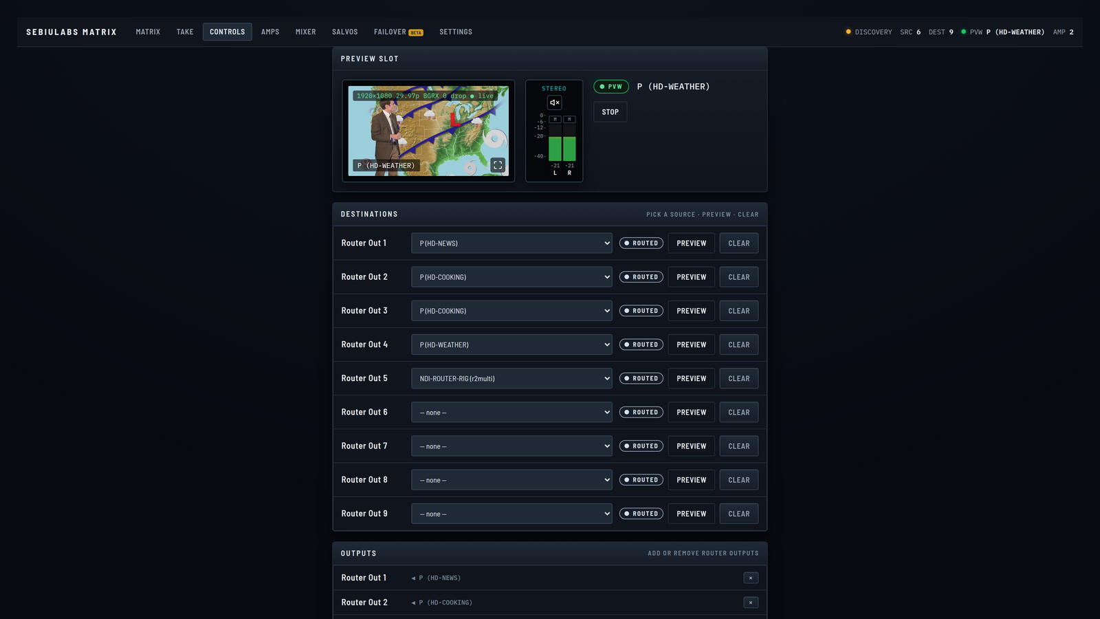 Per-output control view with a source picker and preview for each destination